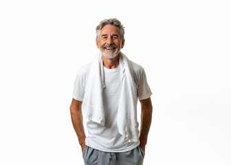 Fototapeta premium senior white man, wearing a white t-shirt and a towel around his neck isolated on white