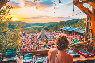 DJ mixing and playing music outdoor at festival with crowd dancing, sunset in the background