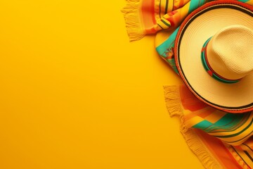 Mexican sombrero on colorful traditional serape on bright yellow background with copy space. Mariachi hat and striped poncho. Cinco de mayo festival. Hispanic heritage month. Flat lay, top view