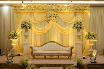 Luxury wedding stage decoration. stage decoration for wedding. wedding ceremonies decoration. wedding hall decoration. elegant wedding stage with flowers. wedding stage decoration gold theme.