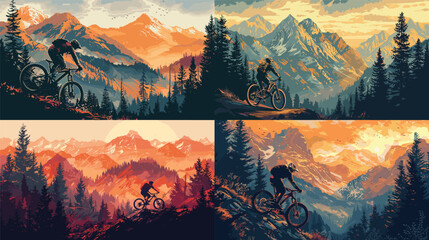 Vector - A detailed illustration of a biker navigating a challenging mountain trail amidst lush pine forests - Powered by Adobe