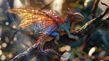 Obraz premium Dragon Fairy sitting on a tree branch.