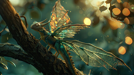 Dragon Fairy sitting on a tree branch.