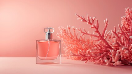 Stylish bottle with perfume against a background of corrals in soft crimson and red tones