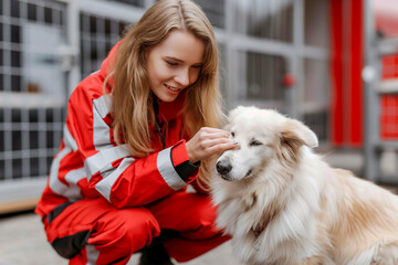 Female volunteer in uniform at animal shelter petting rescued dogs