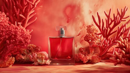 Stylish bottle with perfume against a background of corrals in soft crimson and red tones