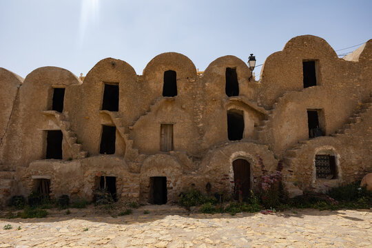 View of old Berber fortified Ksar of Medenine granary with ruined storage areas in Tunisia
