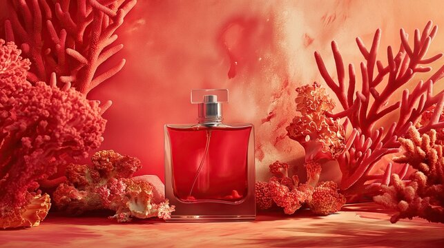 Stylish bottle with perfume against a background of corrals in soft crimson and red tones