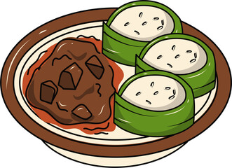 Lemang Illustration. Rendang Illustration. Malaysian food. Eid Al fitr food.