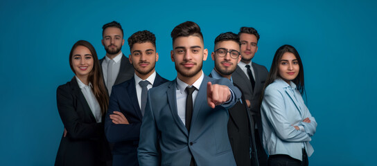 Group of seven hispanic business people in suits, one man pointing at camera on blue background. 