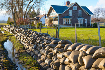 Obraz premium Full line of flood protection sandbags protecting houses from water, flood emergency