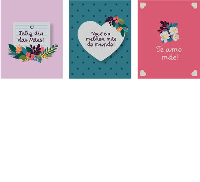 Designs de dia das m&atilde;es com flores, para cart&otilde;es, presentes, caixas, banners. Vetores.