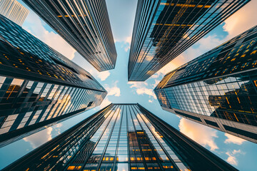 Looking up at towering skyscrapers with reflective glass facades under a cloudy sky, creating a dramatic urban canyon effect.
