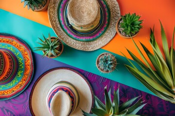 Cactuses and traditional mexican sombrero hat on bright colorful background. Cinco de Mayo. Viva Mexico. Traditional latin holiday, party, fiesta funny creative concept. Flat lay, copy space