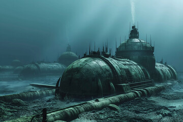Futuristic underwater city with domed structures and underwater vehicles