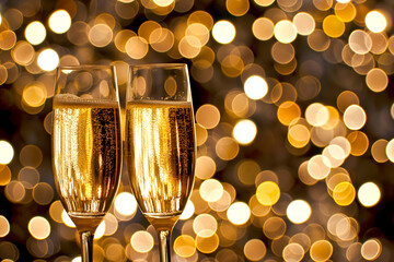 Glasses of champagne toasting in the night party. Celebration concept