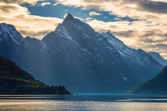 views of the Hj&oslash;rundfjorden taken from Saebo during springtime, Norway