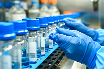 Hands of staff check Medical vials on production line at pharmaceutical factory. Healthcare and medical concept