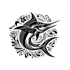 Marlin fish silhouette in bohemian, boho, nature illustration