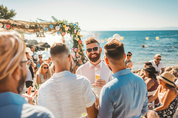 Handsome gay couple in wedding ceremony at outdoor venue near sea under wedding flower arch, Authentic LGBTQ Relationship - Powered by Adobe