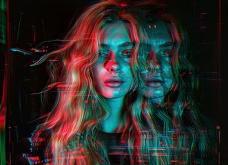 Young girl with mental health disorder. Schizophrenia, bipolar disease, depression, anxiety and psychology concept. Motion blur effect. Dark background.