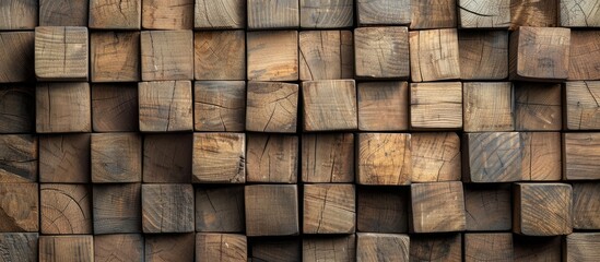 Wooden cubes creating a backdrop against a wall. Cubes made of wood arranged in a volumetric drawing. Collection of identical cubes forming a consistent surface.