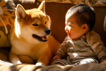 Happy asian kid with dog playing at home, Friendship and loyalty