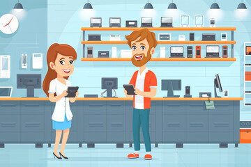 Happy couple buying a smartphone in store. New digital device concept