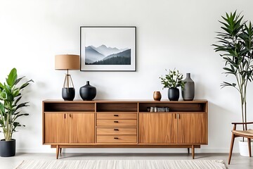  Wooden cabinet and accessories decor in living room interior on empty white wall background 