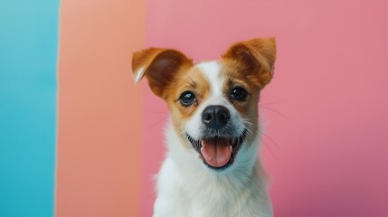 Close-up photo of a happy dog on a pastel background