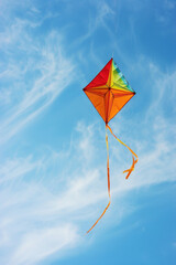 Colorful kite flying in a blue sky