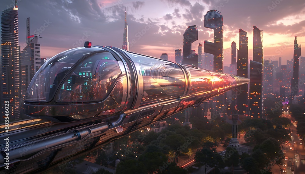 Poster efficient transportation, futuristic trains merging with cityscape