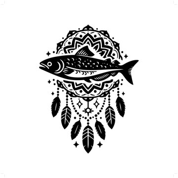 recommend clip art: piranha silhouette in bohemian, boho, nature illustration