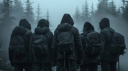 A group of people are standing in a forest, all wearing backpacks and rain gear