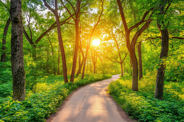 Fototapeta premium Peaceful forest with sunlight streaming through the trees