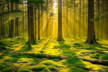 Peaceful forest with sunlight streaming through the trees