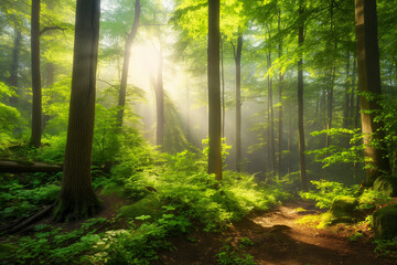 Peaceful forest with sunlight streaming through the trees