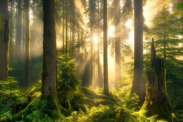 Obraz premium Peaceful forest with sunlight streaming through the trees