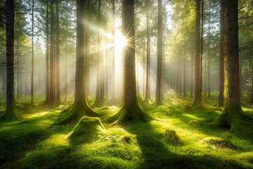 Peaceful forest with sunlight streaming through the trees