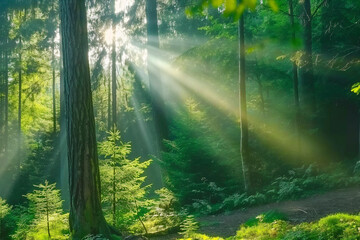 Obraz premium Peaceful forest with sunlight streaming through the trees
