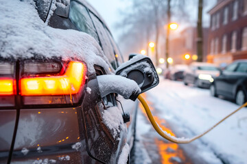 image of an electric car covered in snow and ice during winter, highlighting the impact of cold weather on battery performance and range