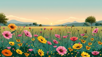 Fototapeta premium cartoon style mountains with gradient colorful flower field landscape landscape, spring meadow with flowers and tree blossom with sky in nature background