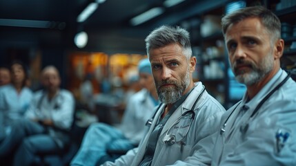 Two men in white coats are sitting in a room with other people