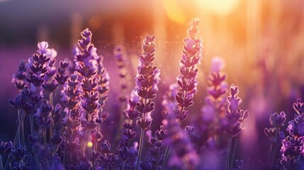 Lavender field at sunset with warm backlight