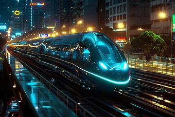 Speed meets elegance, futuristic trains illuminated by city lights