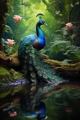 Naklejka premium Vibrant peacock, a stunning display of nature's beauty, showcasing the colorful plumage and elegant presence of this majestic, a symbol of grace and elegance.