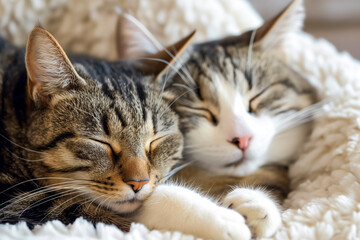 Lovely cat couple sleeping together hug on white fluffy bed. Valentine's Day celebration concept