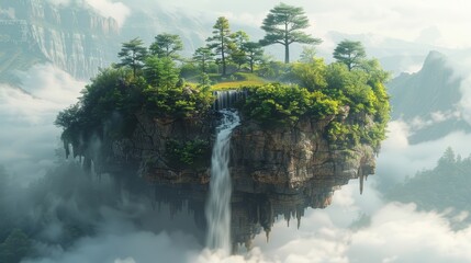 Enchanted floating island with waterfall