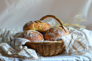 Basket of freshly baked bread with a checkered cloth