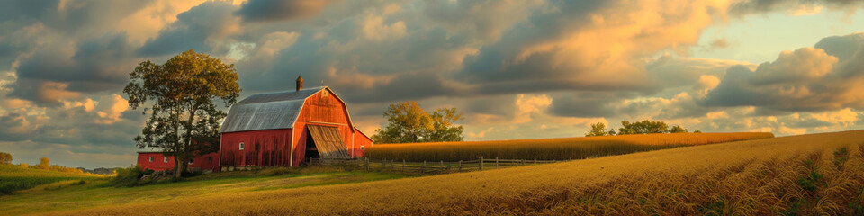 An old barn in a field. Farm landscape - Powered by Adobe